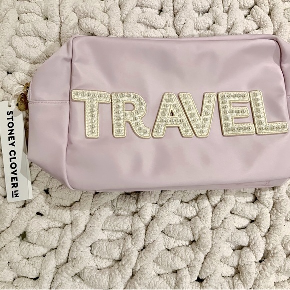 NWT Stoney Clover Lane large lilac patched pouch pearl travel letters - Picture 3 of 7